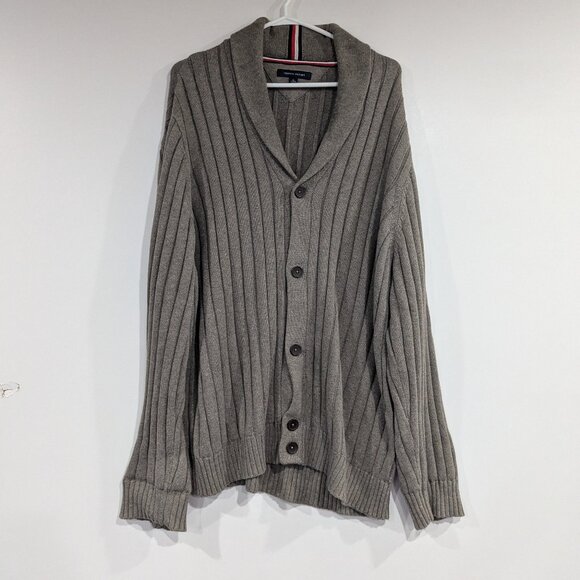 Tommy Hilfiger Collared Knit Cardigan Dark Beige Tan Size XL - Picture 1 of 6